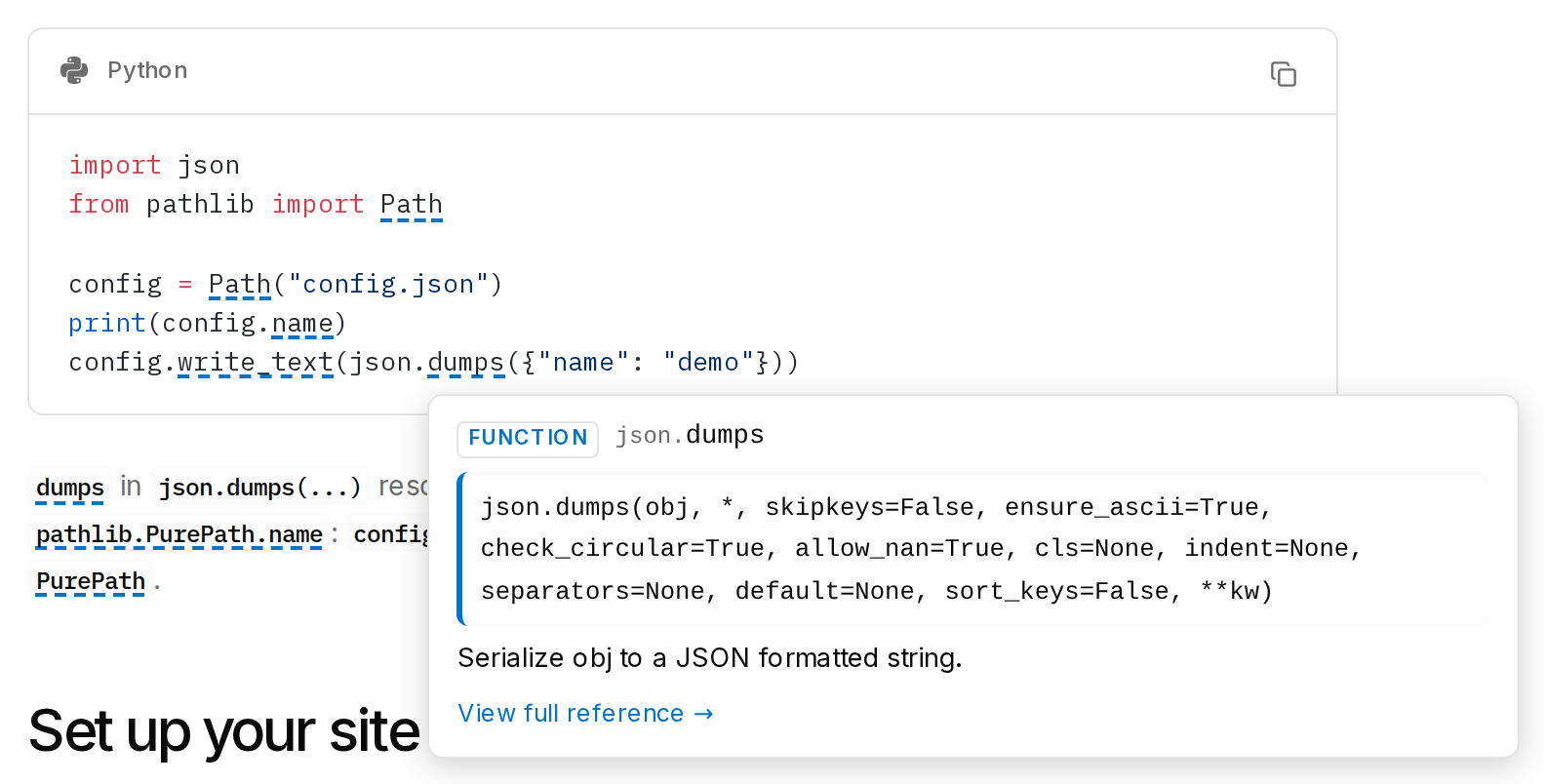 Hovering dumps in a Python code example shows a tooltip with the FUNCTION badge, the full name json.dumps, its signature, its doc summary, and a link to its reference page.